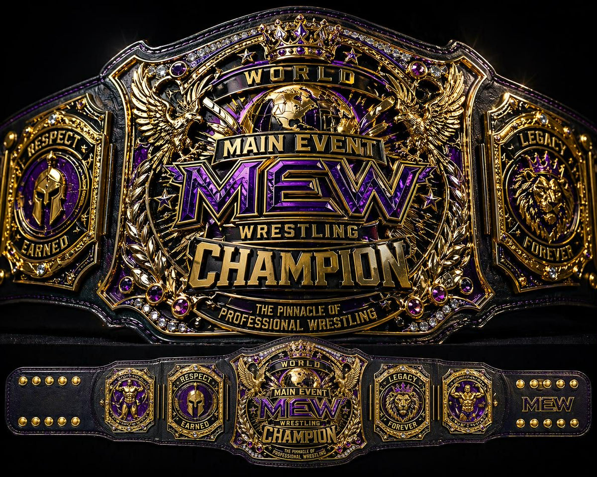 MEW World Main Event Wrestling Champion Replica Title Belt – Premium Black Strap Edition with Purple & Gold Detailing